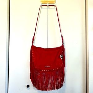 Michael Kors Billy Fringe Shoulder Handbag in Scarlet Suede Leather